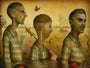 Michael Ramsteads surreal oil on wood painting depicts three men in striped shirts standing in water over cracked earth, alongside a woman, statue, butterflies, and rooster. A surfacing fish and tentacle add a dreamlike quality reminiscent of traditional American folk song scenes.