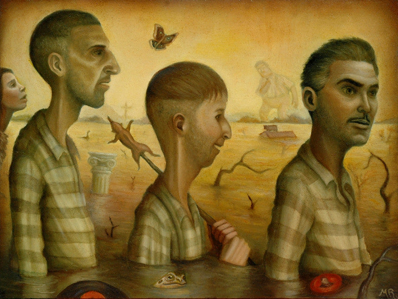Michael Ramsteads surreal oil on wood painting depicts three men in striped shirts standing in water over cracked earth, alongside a woman, statue, butterflies, and rooster. A surfacing fish and tentacle add a dreamlike quality reminiscent of traditional American folk song scenes.
