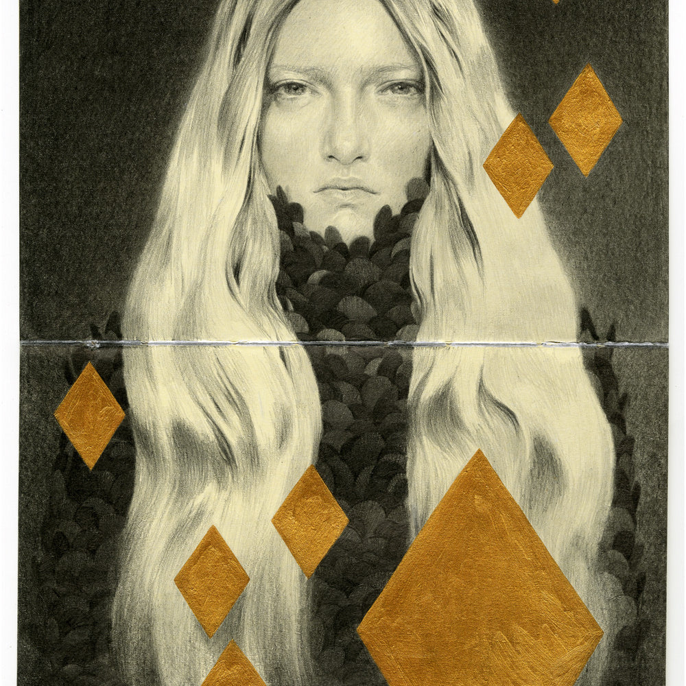 A grayscale portrait of a long-haired person in a textured garment, reminiscent of Tran Nguyens art. Gold diamond shapes overlay the image, increasing diagonally and blending with the hair details. Crafted with graphite and acrylic on Moleskine, it exudes allure. From Tran Nguyen.
