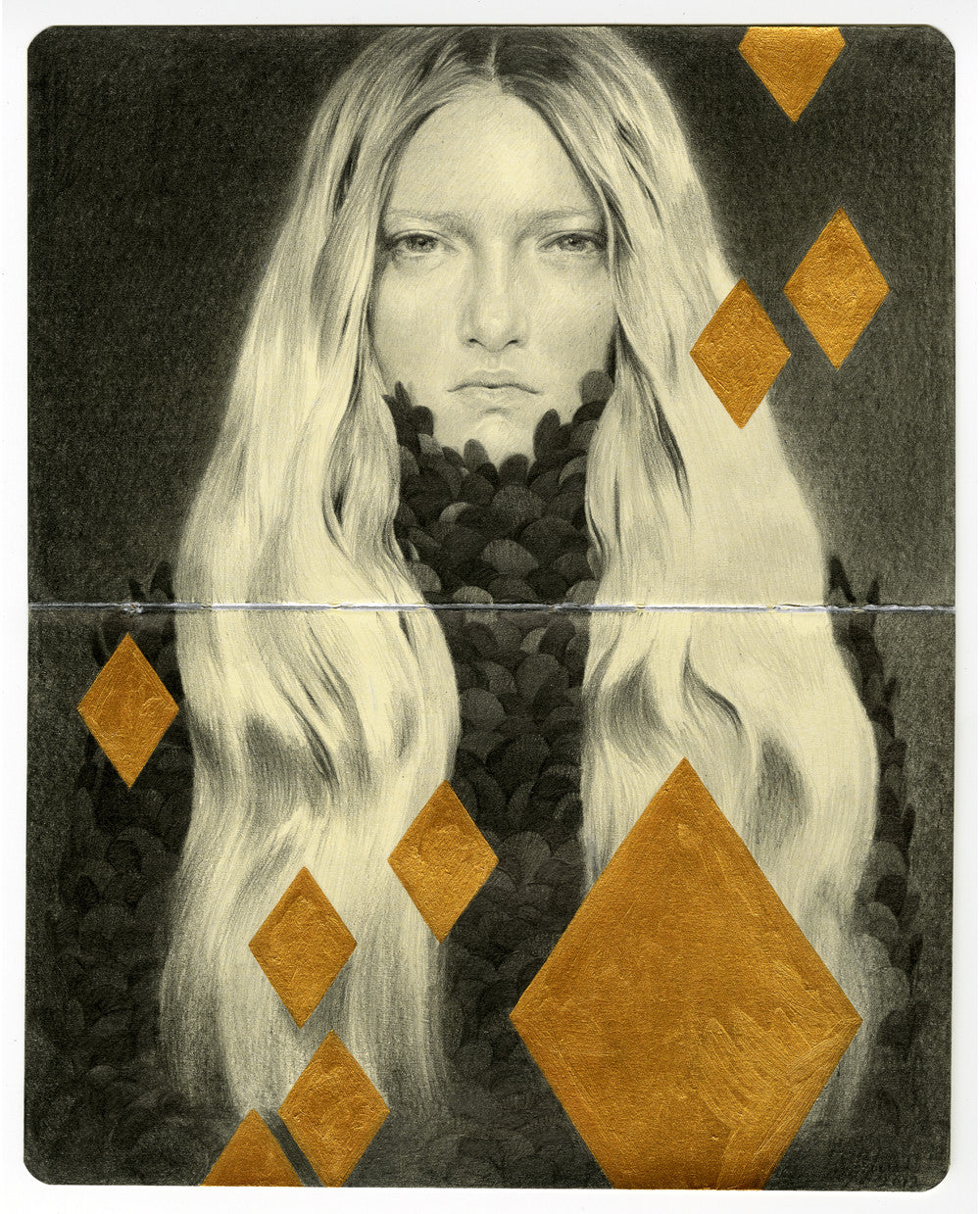 A grayscale portrait of a long-haired person in a textured garment, reminiscent of Tran Nguyens art. Gold diamond shapes overlay the image, increasing diagonally and blending with the hair details. Crafted with graphite and acrylic on Moleskine, it exudes allure. From Tran Nguyen.
