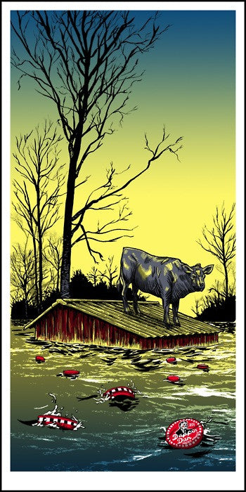 This signed and numbered screen print by Tim Doyle features a whimsical scene: a cow perched on a floating rooftop amidst tall, leafless trees against a yellow sky, with soda cans drifting below in the water.
