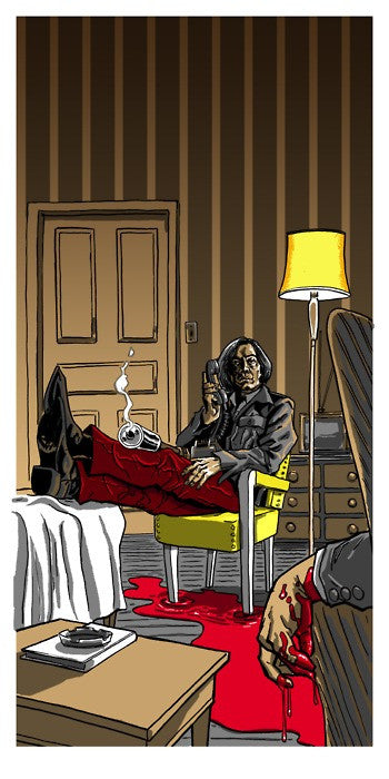 This limited edition screen print by Tim Doyle vividly depicts someone seated in a chair, legs on a bed, holding a smoking gun. They wear red pants and a dark top. A steaming cup rests on their lap, blood pools on the floor, and another person with a bloody hand appears partially in the foreground.