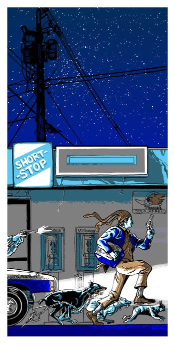 Tim Doyles limited edition screen print depicts a comic-style person running with two dogs and a cat in front of Short Stop at night, holding a phone as an arm from a car chases them under a starlit sky—reminiscent of Raising Arizonas whimsical chase.