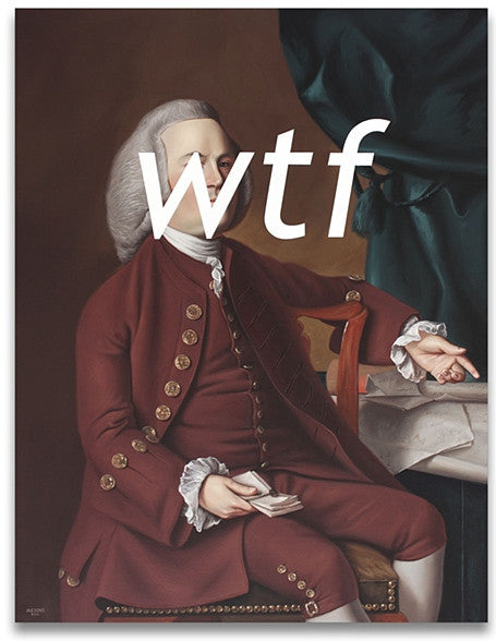 A classical acrylic on canvas portrait by Shawn Huckins features a man in 18th-century attire, holding papers/cards, with wtf overlaid text. The background shows a draped table, creating intriguing art for sale.