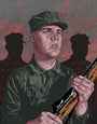 This fine art giclee by Cuyler Smith portrays a soldier in a green uniform and cap holding a rifle solemnly. Shadowy figures with red target backgrounds appear behind him on a gray and red mottled backdrop, showcasing Smiths dramatic flair.