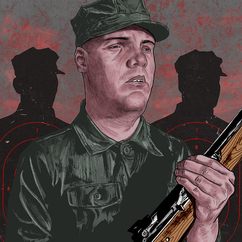 This fine art giclee by Cuyler Smith portrays a soldier in a green uniform and cap holding a rifle solemnly. Shadowy figures with red target backgrounds appear behind him on a gray and red mottled backdrop, showcasing Smiths dramatic flair.