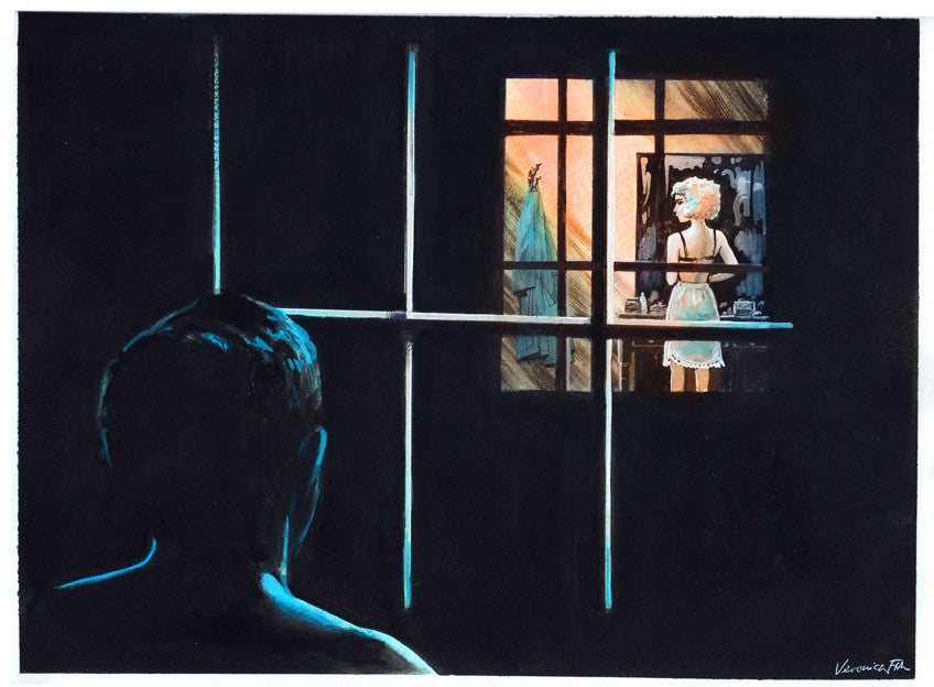 In a shadowy room, reminiscent of Killers Kiss, a silhouetted figure peers through window bars at a warmly lit scene. Outside, like an artwork by Veronica Fish, a woman in white adjusts her hair before the mirror, enveloped in mystery and noir allure.