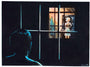 In a shadowy room, reminiscent of Killers Kiss, a silhouetted figure peers through window bars at a warmly lit scene. Outside, like an artwork by Veronica Fish, a woman in white adjusts her hair before the mirror, enveloped in mystery and noir allure.