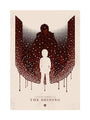 Thomas Walkers minimalist poster for The Shining features a childs white silhouette facing a shadowy figure in a red and black doorway. Snowy or static-like elements fill the scene, evoking fine art giclee with The Shining text at the bottom.