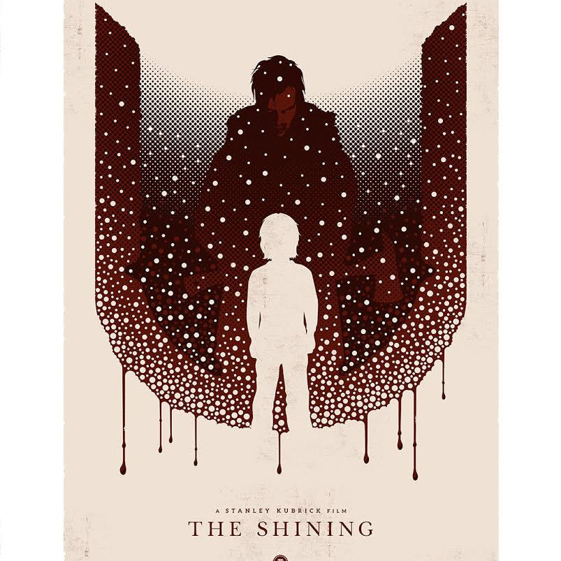 Thomas Walkers minimalist poster for The Shining features a childs white silhouette facing a shadowy figure in a red and black doorway. Snowy or static-like elements fill the scene, evoking fine art giclee with The Shining text at the bottom.