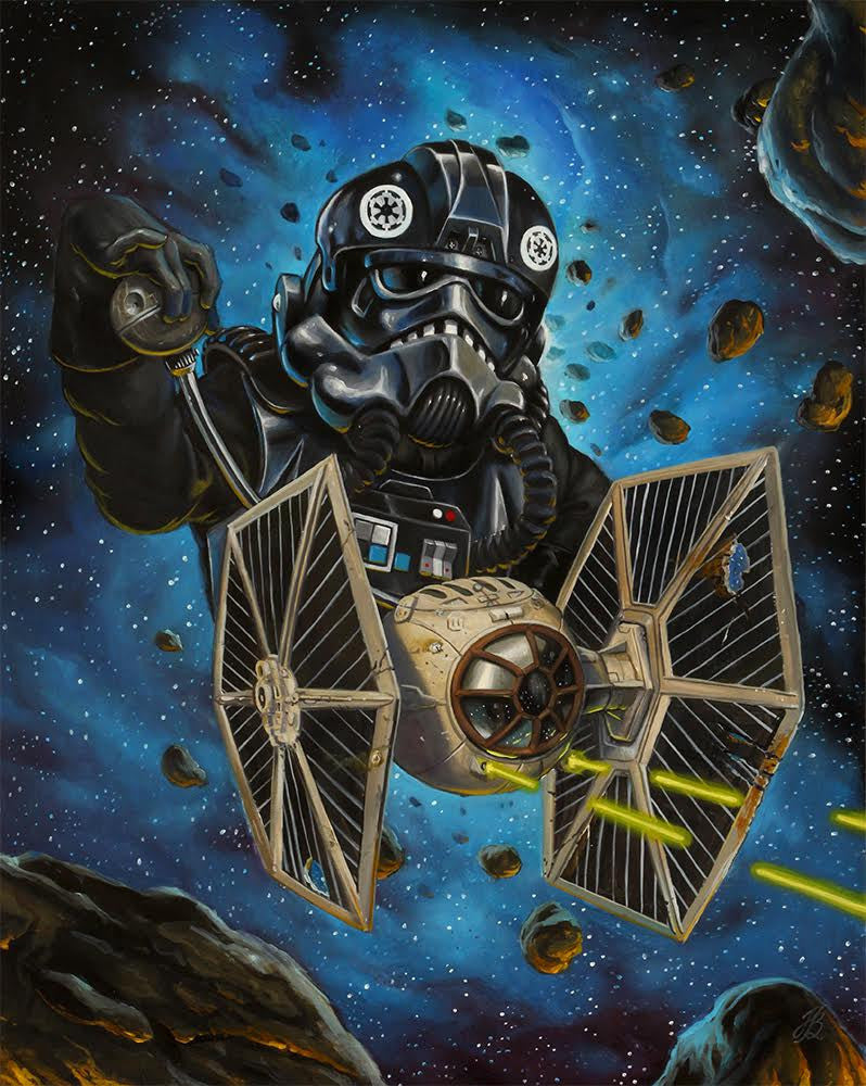 Amidst a chaotic asteroid field, a pilot in dark armor commands a star fighter, much like Jonathan Bergerons art. Green lasers blaze from the craft, stars glint around, and the pilots distinctively styled helmet showcases intricate technological detail.