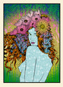A vibrant depiction of a woman with floral-adorned hair, set against Chuck Sperrys abstract green and purple patterns. Her skin fuses florals with art nouveau style. This exclusive edition is signed, numbered, and limited to 150 pieces by brand Chuck Sperry.