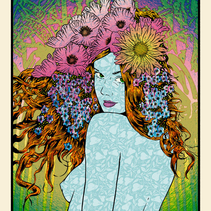 A vibrant depiction of a woman with floral-adorned hair, set against Chuck Sperrys abstract green and purple patterns. Her skin fuses florals with art nouveau style. This exclusive edition is signed, numbered, and limited to 150 pieces by brand Chuck Sperry.