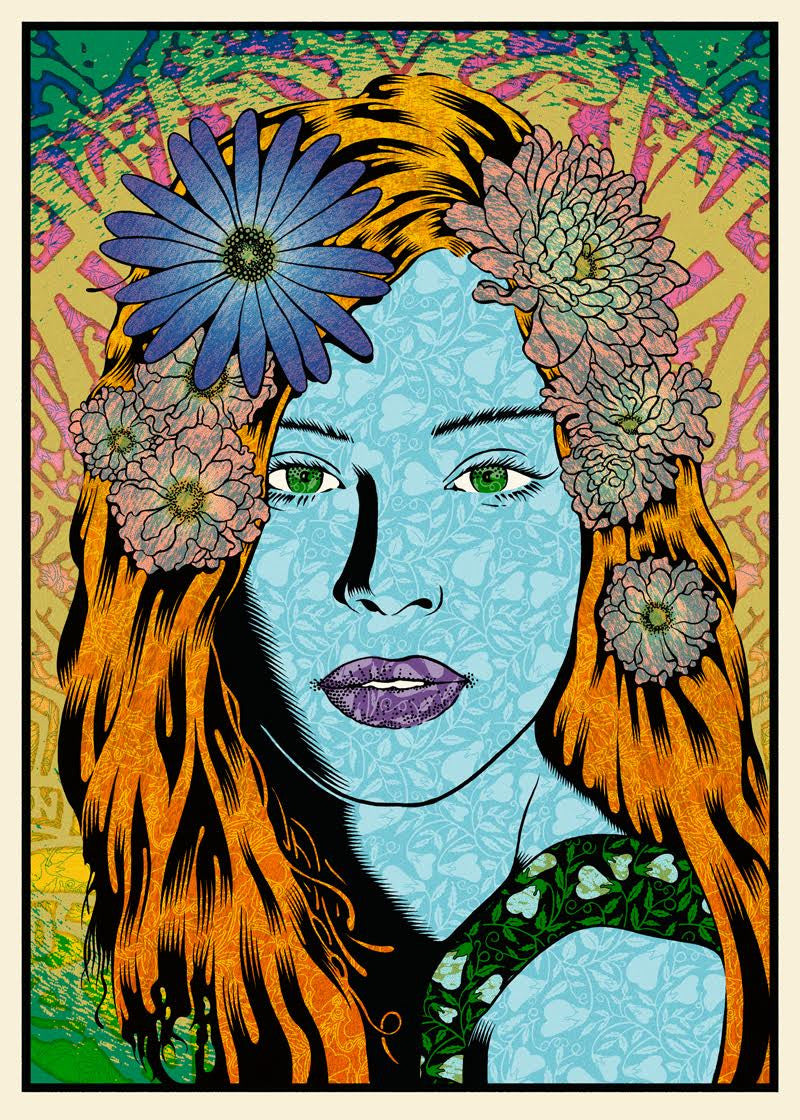 A vibrant Chuck Sperry pop art features a woman with vivid orange hair, blue skin, green eyes, and purple lips. Her hair is adorned with a blue daisy and pink chrysanthemums against an abstract background echoing Sperrys screen-print style in limited edition allure.