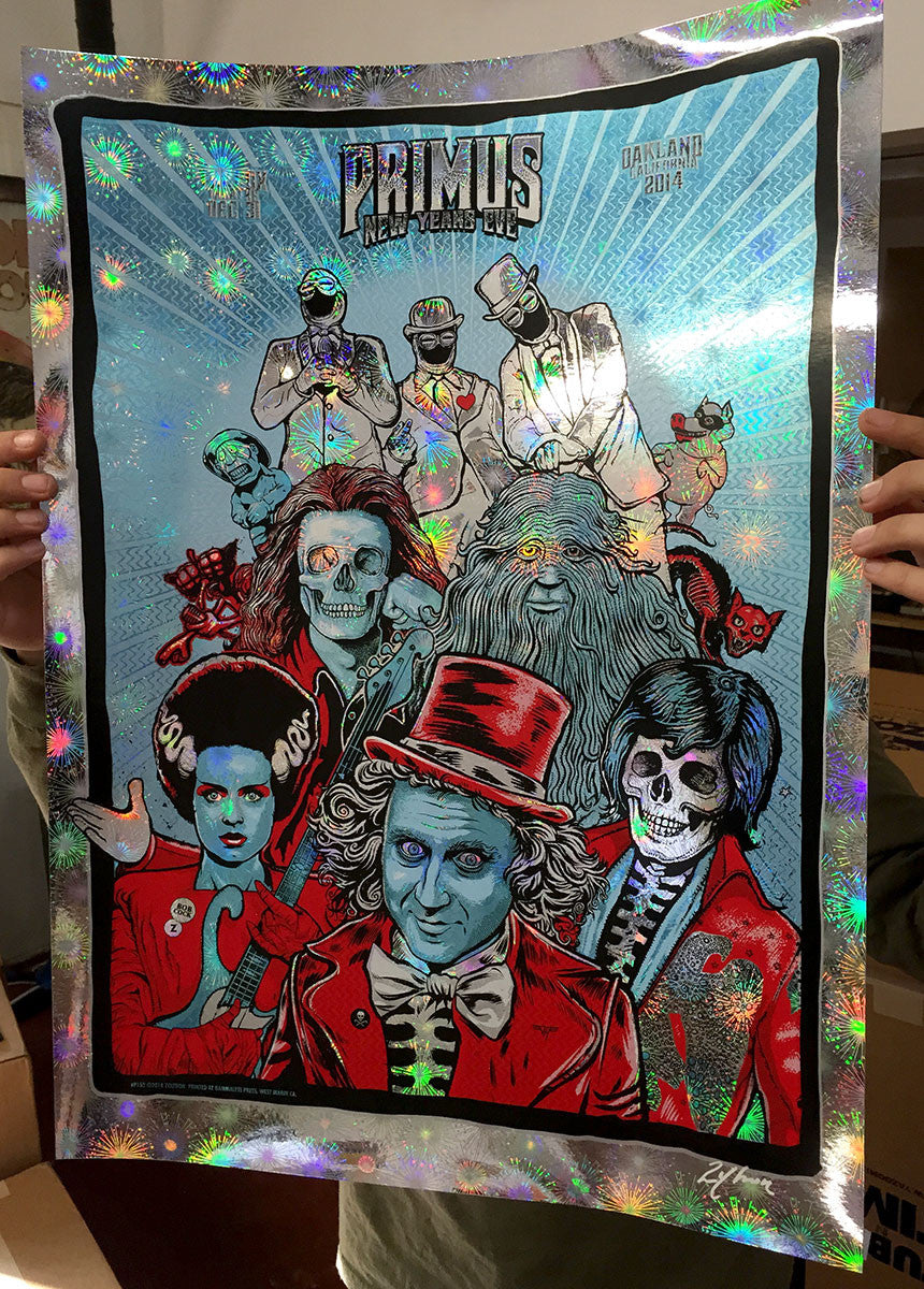 A whimsical group resembling classic monsters and fantasy figures, dressed in vibrant costumes, features on a holographic concert poster. Holographic fireworks illuminate the background, with the text Zoltron New Year’s Eve and event details displayed above.
