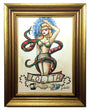 A framed watercolor by Jessica Deahl depicts a woman in a bikini with a red and green snake, wearing heart-shaped sunglasses. A Lolita banner appears below, showing a hand holding a blue and red flower.