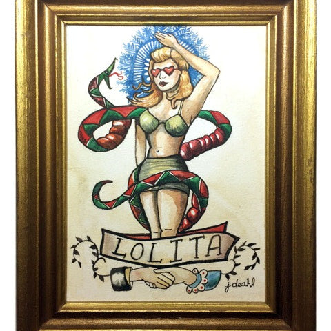 A framed watercolor by Jessica Deahl depicts a woman in a bikini with a red and green snake, wearing heart-shaped sunglasses. A Lolita banner appears below, showing a hand holding a blue and red flower.