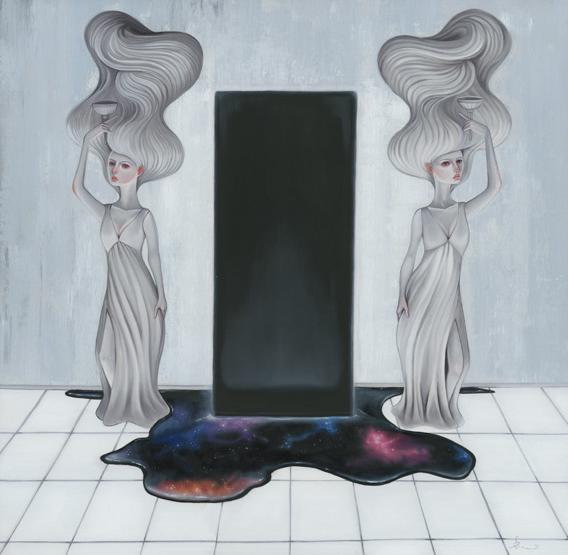 In Audrey Pongraczs masterpiece, two ethereal figures with tall, flowing hair flank a dark monolith. Dressed in white gowns and holding goblets, they stand over a galaxy-like pool spreading across a tiled floor, all captured in vibrant detail on an oil on linen board.