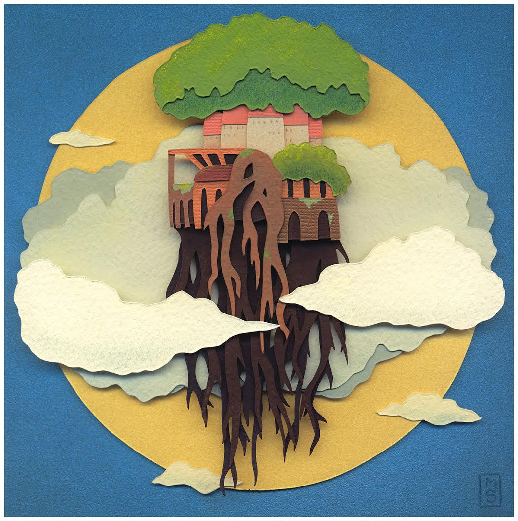 Meghan Stratmans whimsical paper collage portrays a floating house reminiscent of Laputa, with trees atop and roots below, forming an enchanting scene. Encircled by clouds, the structure hovers in the sky against a circular blue and yellow background.