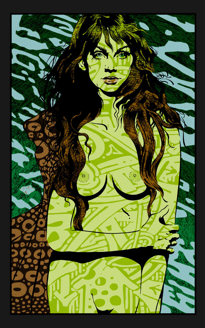 Artistic portrayal of a woman with flowing hair and crossed arms, her skin adorned with abstract green patterns in the style of Chuck Sperrys Psyche series, set against a Black Edition-inspired background of swirling colors and shapes.