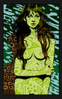 Artistic portrayal of a woman with flowing hair and crossed arms, her skin adorned with abstract green patterns in the style of Chuck Sperrys Psyche series, set against a Black Edition-inspired background of swirling colors and shapes.
