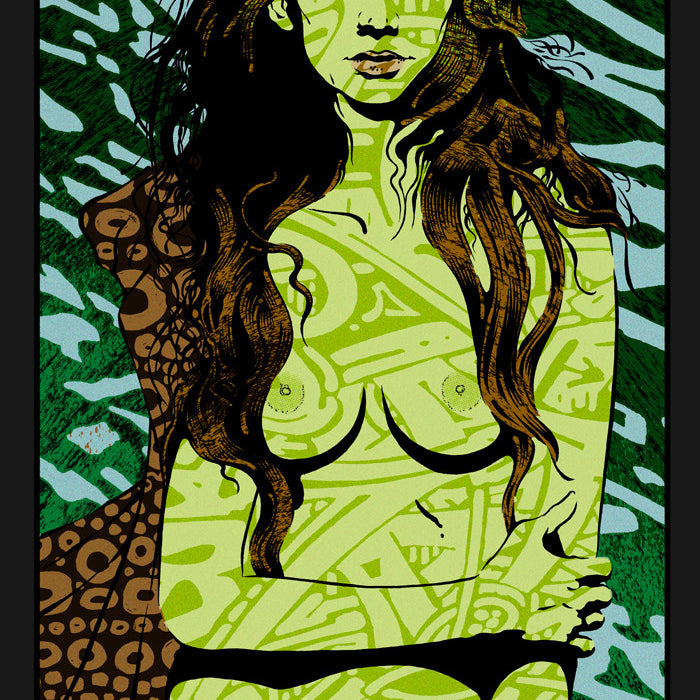 Artistic portrayal of a woman with flowing hair and crossed arms, her skin adorned with abstract green patterns in the style of Chuck Sperrys Psyche series, set against a Black Edition-inspired background of swirling colors and shapes.