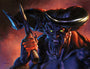 Jason Edmistons acrylic painting on wood panel features a fierce horned demon with green eyes and a gnarled staff. Its blue skin contrasts fiery highlights against dark red hues. This artwork is now available for sale.