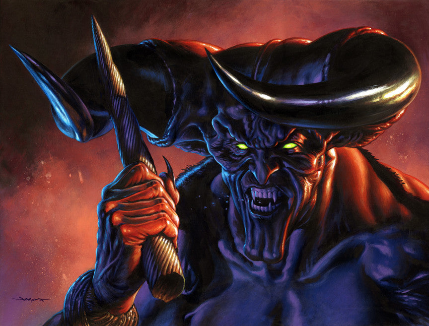 Jason Edmistons acrylic painting on wood panel features a fierce horned demon with green eyes and a gnarled staff. Its blue skin contrasts fiery highlights against dark red hues. This artwork is now available for sale.