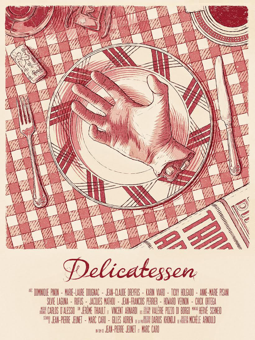 A stylized archival pigment print by Bartosz Kosowski showcases a Delicatessen poster with a dinner plate bearing a human hand, surrounded by cutlery on a checked tablecloth. The films title and credits in vintage font adorn the bottom.