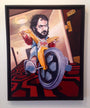 Dave MacDowells vibrant acrylic painting features a bearded man on a tricycle in a hallway with a red and black carpet, referencing an iconic movie scene. The trike displays Redrum, and room 237 is visible from the door. This captivating artwork is now for sale.