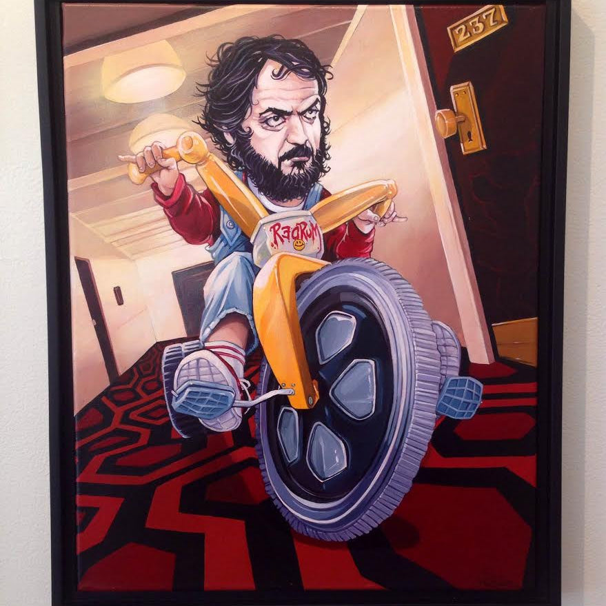 Dave MacDowells vibrant acrylic painting features a bearded man on a tricycle in a hallway with a red and black carpet, referencing an iconic movie scene. The trike displays Redrum, and room 237 is visible from the door. This captivating artwork is now for sale.