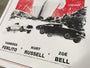 A stylized vintage movie poster by Matt Dye shows two cars racing side by side, framed by a womans legs and a floating title. It includes actor names Vanessa Ferlito, Kurt Russell, and Zoë Bell. This Death Proof screenprint delivers classic Quentin vs Coen vibes with its production details.