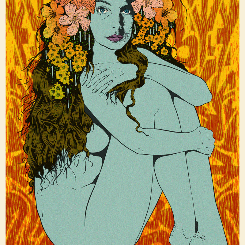 Ariadne is depicted nude with light blue skin, knees up, and long brown hair adorned with orange flowers. She sits against a vibrant mix of orange and yellow abstract patterns, reflecting Chuck Sperrys signature dynamic style.