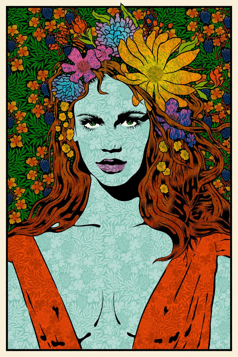 A woman with long red hair and a floral crown stands against vibrant green leaves and colorful flowers, channeling Chuck Sperrys screen print style. Dressed in an orange outfit, she exudes a serene expression in Mystai-inspired bold pop art fashion.