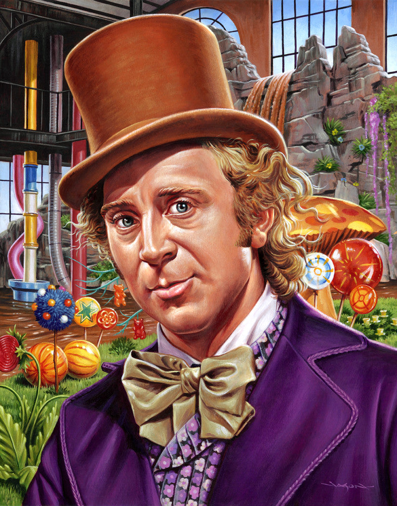 A curly-haired man, called The Candy Man, wears a brown top hat and purple coat with a large bow tie in this whimsical candy scene. Set amidst colorful oversized candies and lollipops, this enchanting acrylic on wood panel piece is painted by Jason Edmiston.
