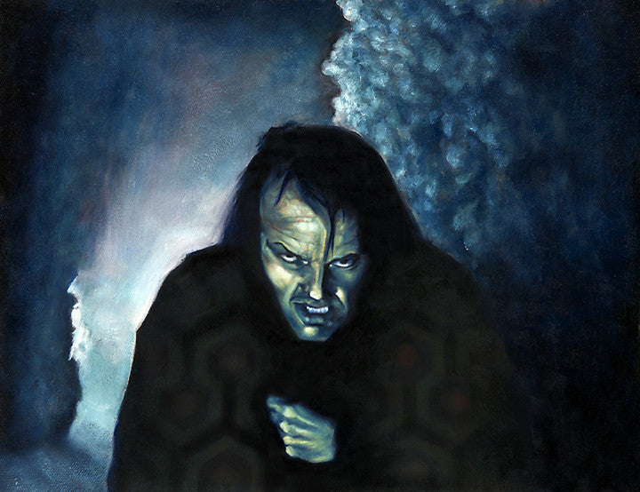 A person with a sinister expression, bathed in dim blue light, stands in what looks like a dark cave. The Joemur painting-like atmosphere—full of shadows and rocky walls—makes it feel as if the Minotaur could appear from the darkness at any moment.