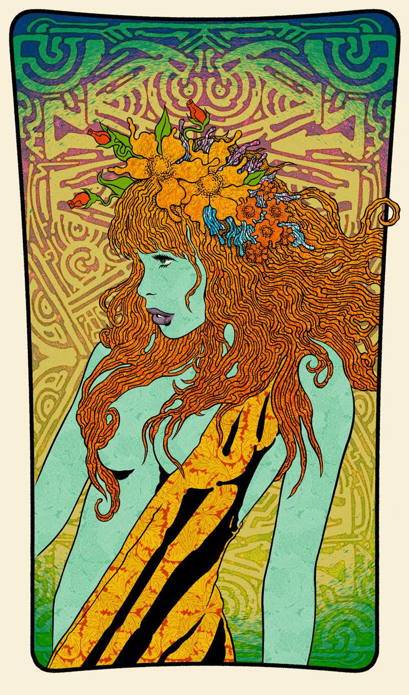 This Art Nouveau illustration depicts a Maenad with flowing orange hair, a floral headdress, and a vibrant outfit against a swirling background of intricate designs reminiscent of Chuck Sperrys screen-prints.