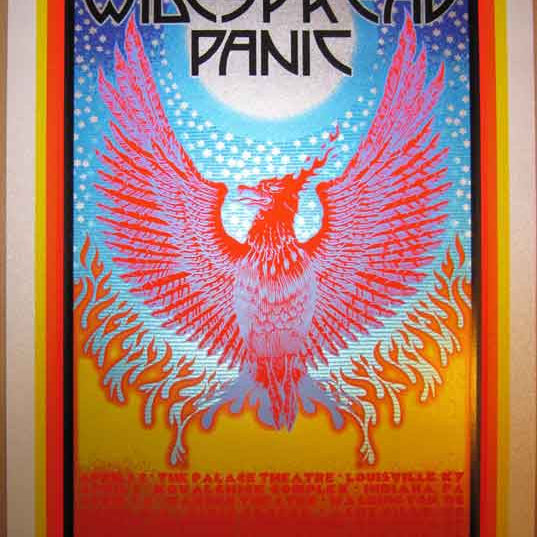 The Chuck Sperry Anniversary Tour Poster for Widespread Panics 25th year features a phoenix soaring against a starry night sky, with event details in bold colors at the bottom, celebrating the band’s milestone tour.