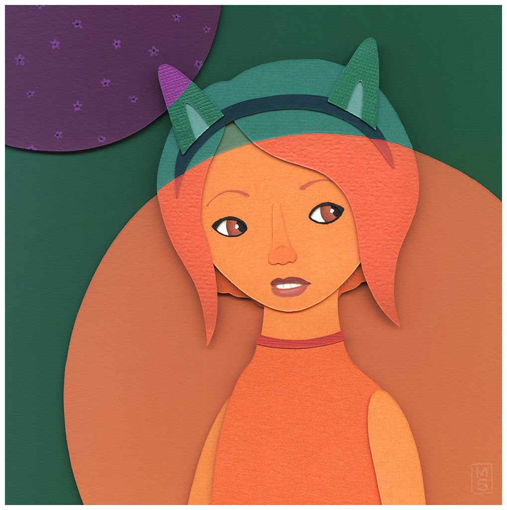 This illustration, in the whimsical style of Meghan Stratman, showcases a character with orange skin, pink hair, and cat ears wearing an orange top. The vibrant paper collage backdrop features overlapping green and orange circles with a purple accent in the top left corner.