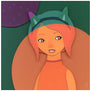 This illustration, in the whimsical style of Meghan Stratman, showcases a character with orange skin, pink hair, and cat ears wearing an orange top. The vibrant paper collage backdrop features overlapping green and orange circles with a purple accent in the top left corner.