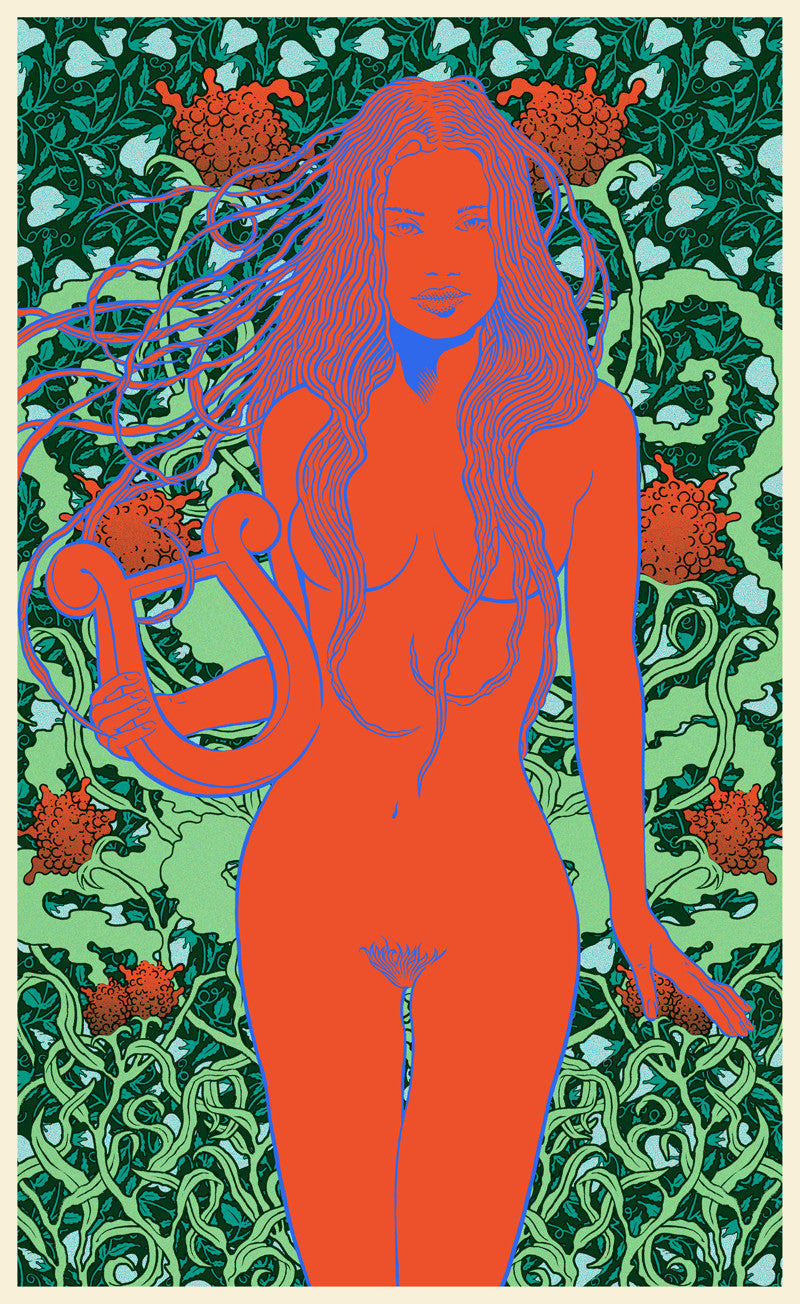 A vibrant Eurydice illustration features a nude woman with flowing hair and a harp, set on an oak panel. The background has a detailed pattern of green leaves and red flowers, showcasing Chuck Sperrys whimsical and surreal style.