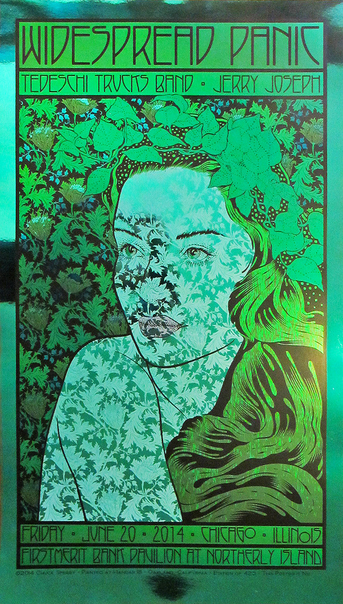 Widespread Panic concert poster with Chuck Sperrys green and black illustration of a woman with leaves on Green Mirror Foil, also featuring Tedeschi Trucks Band and Jerry Joseph. Event: June 20, 2014, at Chicagos FirstMerit Bank Pavilion. Brand: Chuck Sperry.