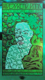 Widespread Panic concert poster with Chuck Sperrys green and black illustration of a woman with leaves on Green Mirror Foil, also featuring Tedeschi Trucks Band and Jerry Joseph. Event: June 20, 2014, at Chicagos FirstMerit Bank Pavilion. Brand: Chuck Sperry.