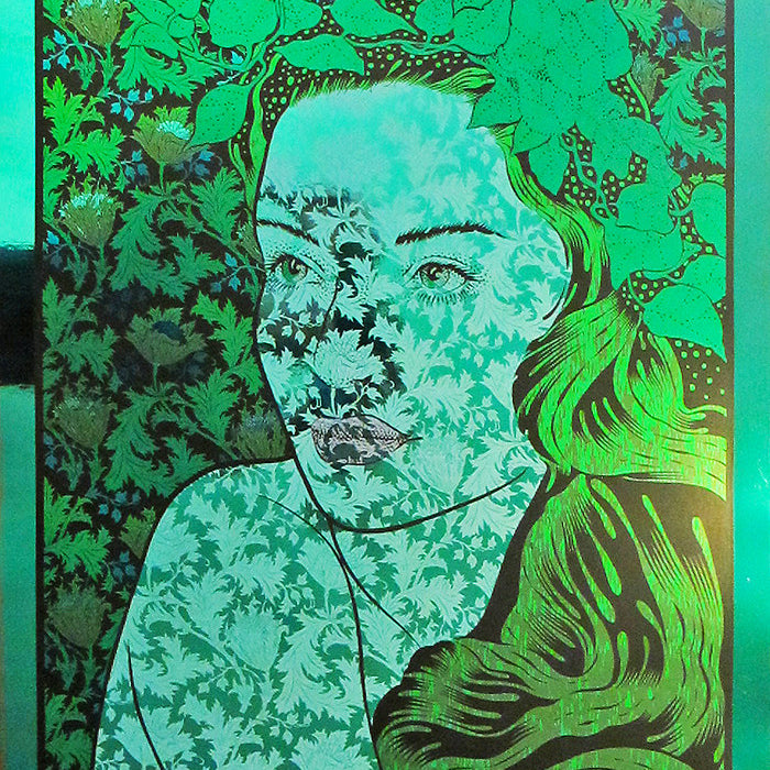 Widespread Panic concert poster with Chuck Sperrys green and black illustration of a woman with leaves on Green Mirror Foil, also featuring Tedeschi Trucks Band and Jerry Joseph. Event: June 20, 2014, at Chicagos FirstMerit Bank Pavilion. Brand: Chuck Sperry.