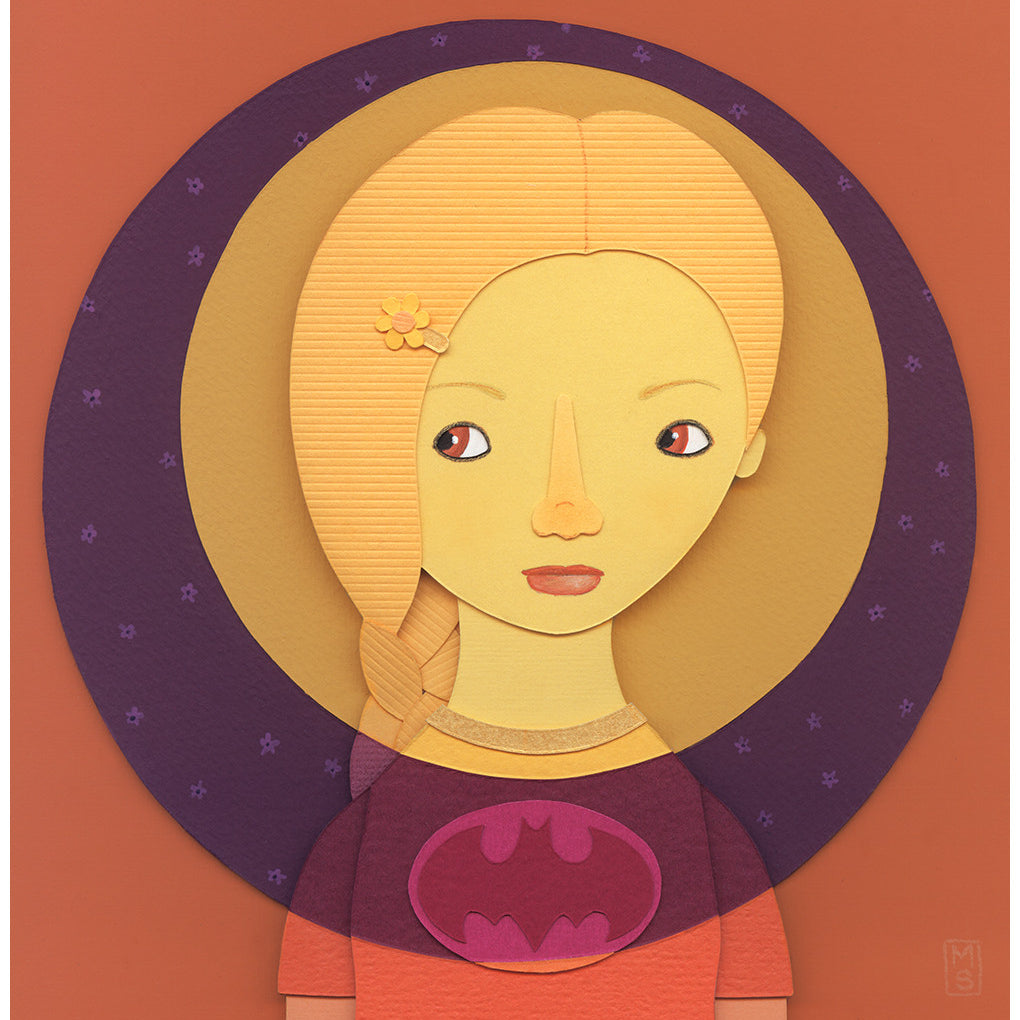 A young girl with a blonde braid dons a purple superhero costume with a yellow emblem, set against an orange background accented by a dark halo and stars. This illustration is crafted in the whimsical paper collage style of Meghan Stratman.