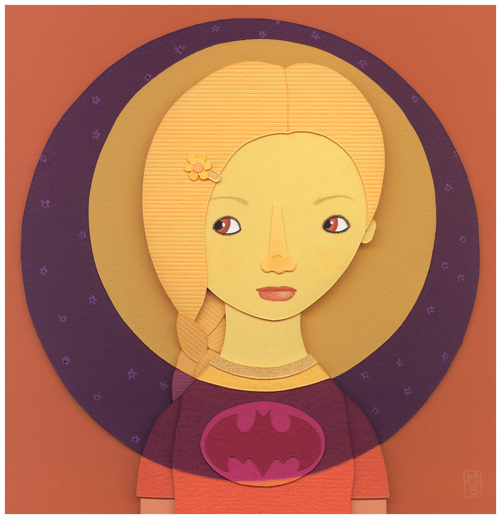 A young girl with a blonde braid dons a purple superhero costume with a yellow emblem, set against an orange background accented by a dark halo and stars. This illustration is crafted in the whimsical paper collage style of Meghan Stratman.