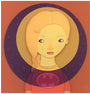 A young girl with a blonde braid dons a purple superhero costume with a yellow emblem, set against an orange background accented by a dark halo and stars. This illustration is crafted in the whimsical paper collage style of Meghan Stratman.
