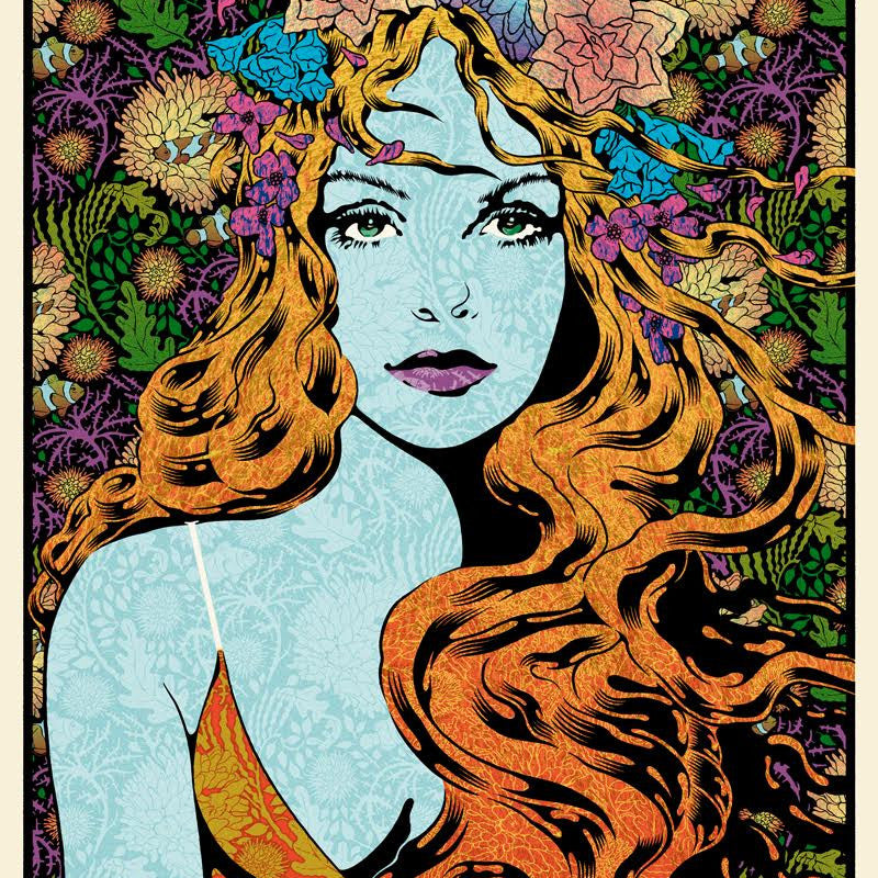 This stylized art piece of Tethys showcases her long, flowing orange hair and crown of colorful flowers. Her intricately patterned light blue face sits against a vibrant floral background, evoking the vintage, psychedelic vibe characteristic of a Chuck Sperry screen print.