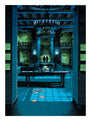 A dimly lit grand interior with a large staircase, chandeliers, and wooden beams echoes Tim Doyle prints. Two silhouettes at the stairs base amidst scattered papers create a mysterious and eerie atmosphere akin to a Shining-inspired mini print.