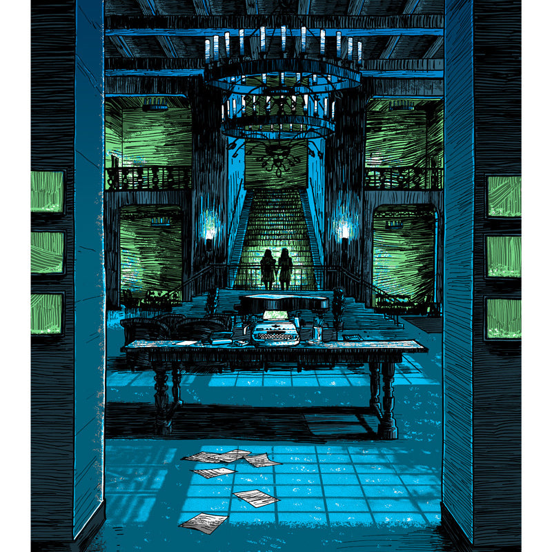 A dimly lit grand interior with a large staircase, chandeliers, and wooden beams echoes Tim Doyle prints. Two silhouettes at the stairs base amidst scattered papers create a mysterious and eerie atmosphere akin to a Shining-inspired mini print.